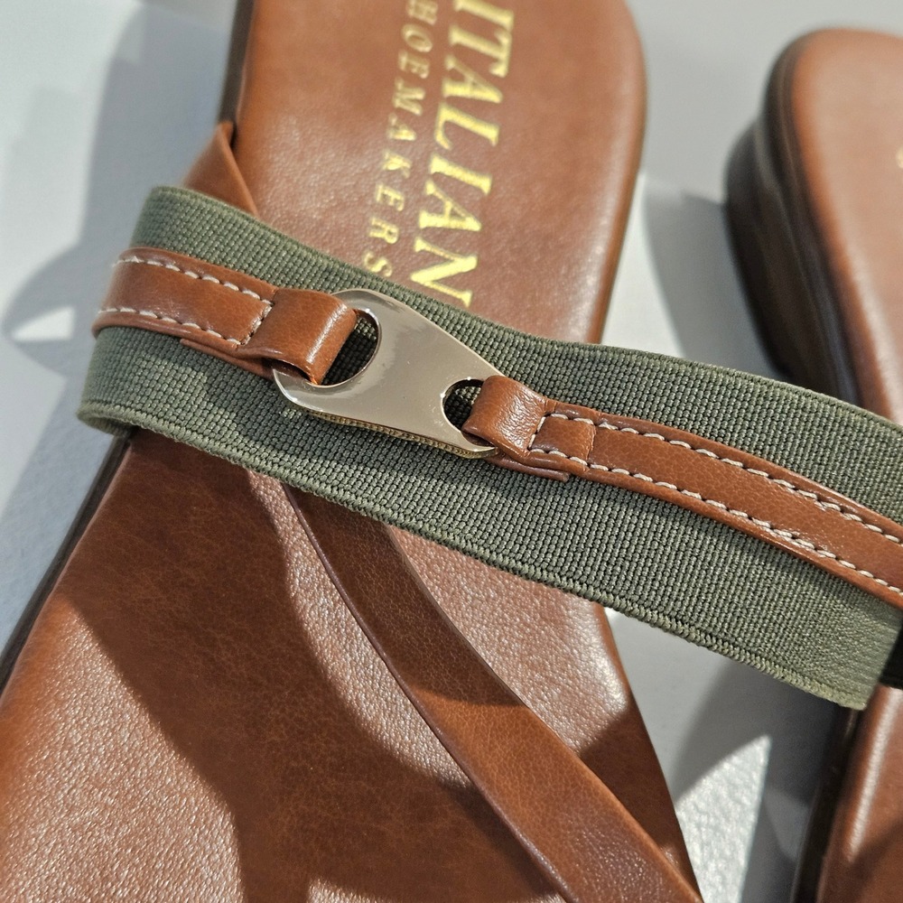 Italian Shoemakers Sandals Womens 8 Brown Olive Toe Loop Flat Elastic Italy - Picture 5 of 7